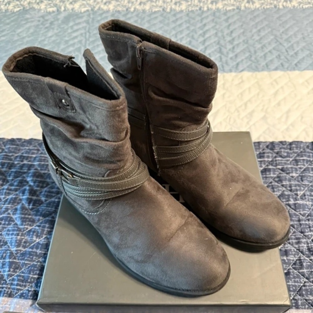 Women’s Black Suede Mid-Calf Heeled Boots with Wrap Strap Detail